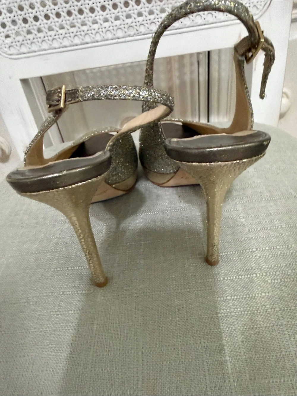 Jimmy Choo gold Glitter Peep-Toe Slingback Heels